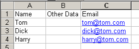an excel range showing names and email addresses
