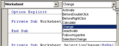 dropdowns at the top of the sheet module showing Worksheet and Change