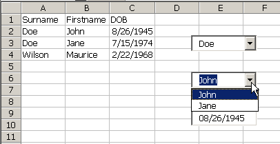 excel range showing comboboxes, textbox and list data