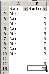 Unfiltered range with name in column 1 and number in column 2