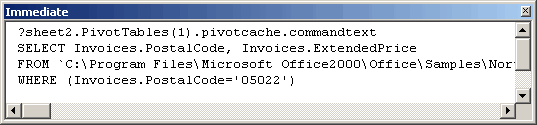 Immediate window showing commandtext property