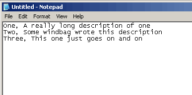 Notepad file showing comma delimited values