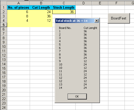 excel range and message box showing cut stock