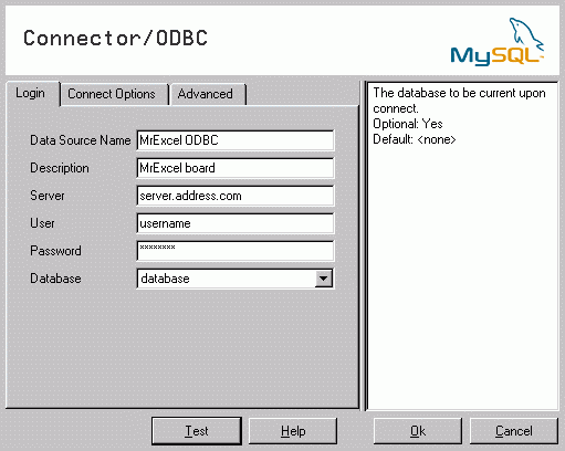 MySQL ODBC Config dialog